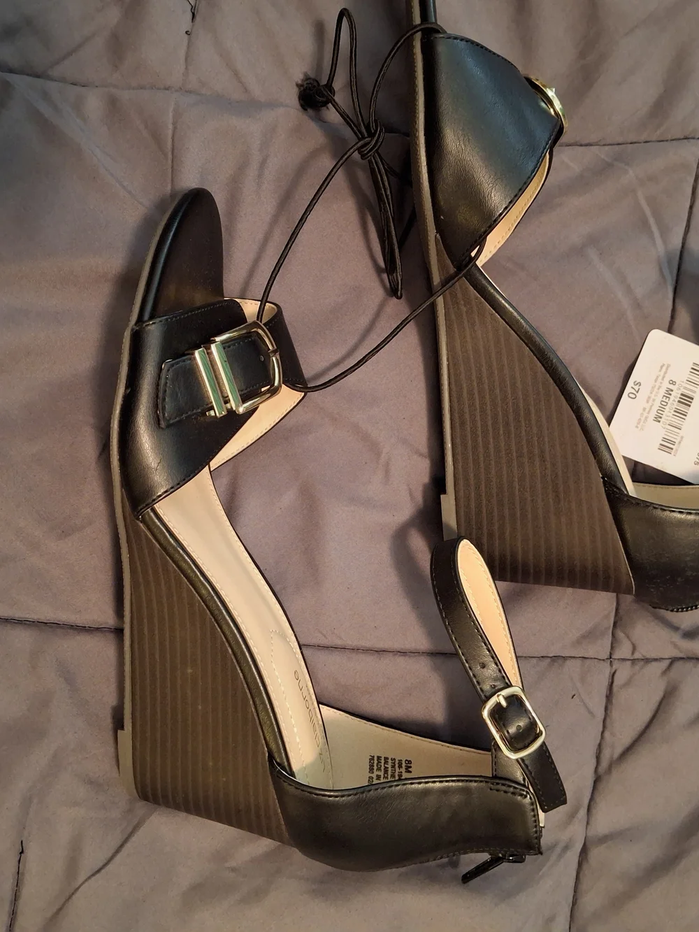Liz Claiborne Black Leather Wedge Sandals with Gold Buckle Accents